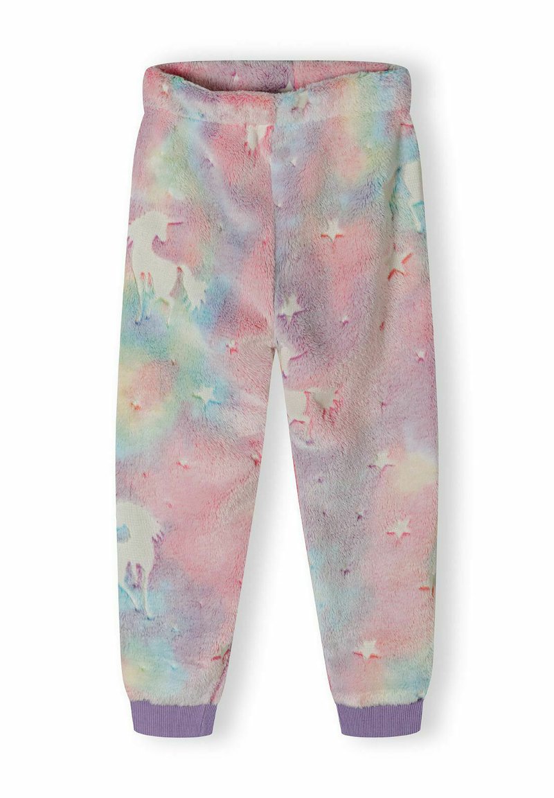Fleece-Jogginghosen mit einem pastellfarbenen Regenbogenmuster, das Einhörner und Sterne zeigt. Die Bündchen sind lila und sorgen für einen engen Sitz an den Knöcheln.