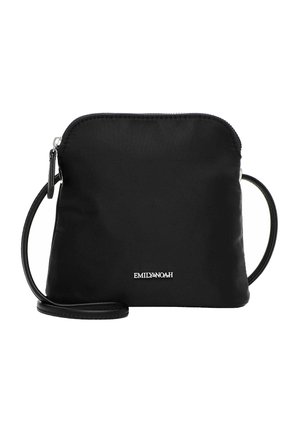 Black square crossbody bag with a zipper closure and thin strap, featuring small white "EMILY & NOAH" logo on front center.