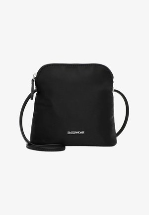 Black square crossbody bag with a zipper closure and thin strap, featuring small white "EMILY & NOAH" logo on front center.
