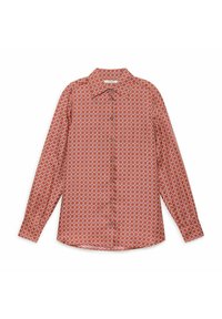 Camicia rossa con bottoni e motivo geometrico, maniche lunghe, colletto classico, trama liscia e orlo leggermente arrotondato.
