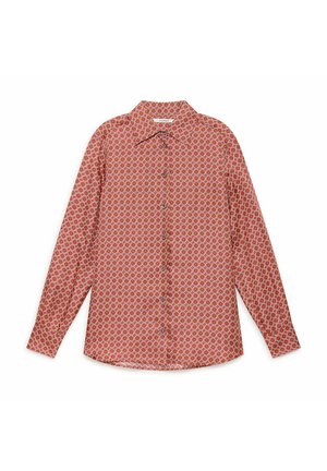 Camicia rossa con bottoni e motivo geometrico, maniche lunghe, colletto classico, trama liscia e orlo leggermente arrotondato.