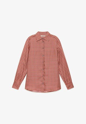 Red button-up shirt with geometric pattern, long sleeves, classic collar, smooth texture, and a slightly curved hem.
