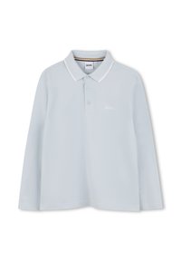 Svijetloplava dugosleeve polo majica od pamuka, s ovratnikom, tri gumba i bijelim detaljima na ovratniku i logou.