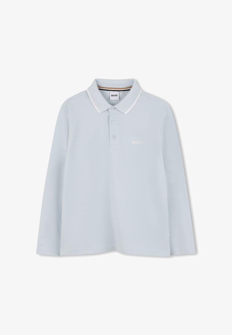 Šviesiai mėlynas ilgomis rankovėmis polo marškinėliai, pagaminti iš medvilnės, su apykaklės iškirptė, trimis mygtukais ir baltais akcentais apykaklėje bei loge.