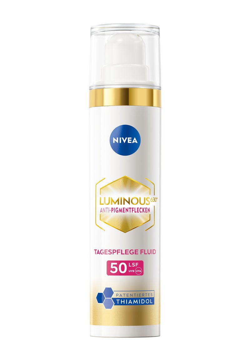 NIVEA Luminous 630 Anti-Pigment Fluid in a white bottle with gold accents, featuring a pump dispenser and blue logo. SPF 50 indicated.