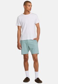 White crew-neck t-shirt, mint green shorts, and brown footwear. Model stands with one hand in pocket, wearing white socks. Simple, casual design.