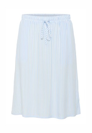 Gaiši zils un balts svītrains svārku modelis ar elastīgu jostasvietu un priekšējo sasienšanas detaļu.