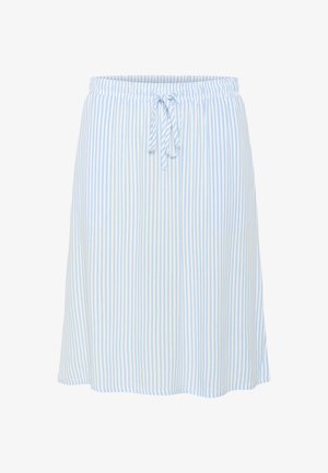 Šviesiai mėlyna ir balta vertikali dryžuota sijonas su elastinga liemenėle ir priekinėmis raišteliais.