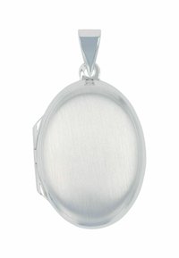 Pendente a forma di medaglione ovale in argento con finitura spazzolata, caratterizzato da una superficie liscia e un anello per il fissaggio. Design minimalista.
