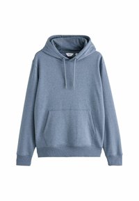 Sudadera con capucha de color azul claro, hecha de una suave mezcla de algodón, presenta un bolsillo frontal tipo canguro y puños y dobladillo de canalé.