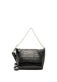 Borsa a tracolla in pelle nera con motivo coccodrillo, chiusura con zip e logo sulla parte anteriore. Design compatto con texture liscia.