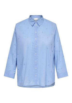 Lichtblauw overhemd met knopen, kleine geborduurde bloemenpatronen en een puntige kraag, met lange mouwen en een losse pasvorm.