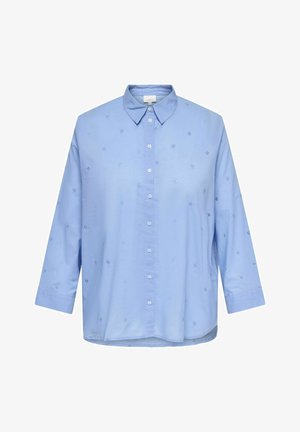Svijetloplava košulja s gumbima s malim vezanim cvjetnim uzorcima i špicastim okovratnikom, s dugim rukavima i opuštenim krojem.