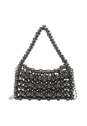 Schwarze Perlenhandtasche mit strukturiertem Design. Sie verfügt über ein erhabenes Muster aus kugelförmigen Perlen und einen mit Perlen versehenen Tragegurt.