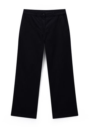 Black wide-leg cropped pants with front pockets, a button and zip closure, and belt loops on the waistband.