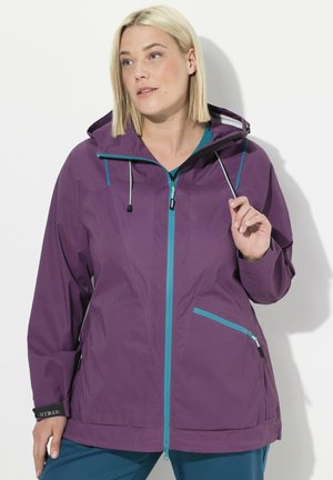 Purple waterproof jacket with a hood, teal accents, front zipper, and two side pockets. Fabric appears smooth with a lightweight design.
