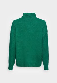 Zelený pletený rolákový svetr s volnějším střihem, žebrovanými manžetami a lemem. Textura působí měkce a mírně strukturovaně.