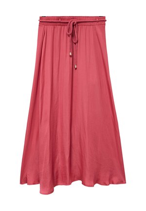 Koraalroze midi-rok met elastische tailleband en verstelbare trekkoord, gemaakt van lichtgewicht, vloeiende stof.