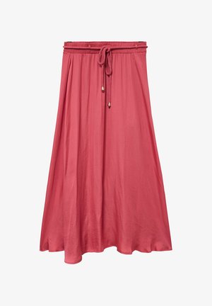 Koraalroze midi-rok met elastische tailleband en verstelbare trekkoord, gemaakt van lichtgewicht, vloeiende stof.