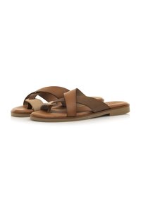 Sandales en cuir marron avec un design à lanières croisées et une finition semi-mate. Elles disposent d'une semelle plate et d'accents beige clair.