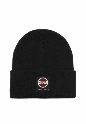 Zwarte gebreide beanie met een opgevouwen omslag en een ronde logopatch met "COLMAR" en "ORIGINALS" in witte tekst op een rode achtergrond.