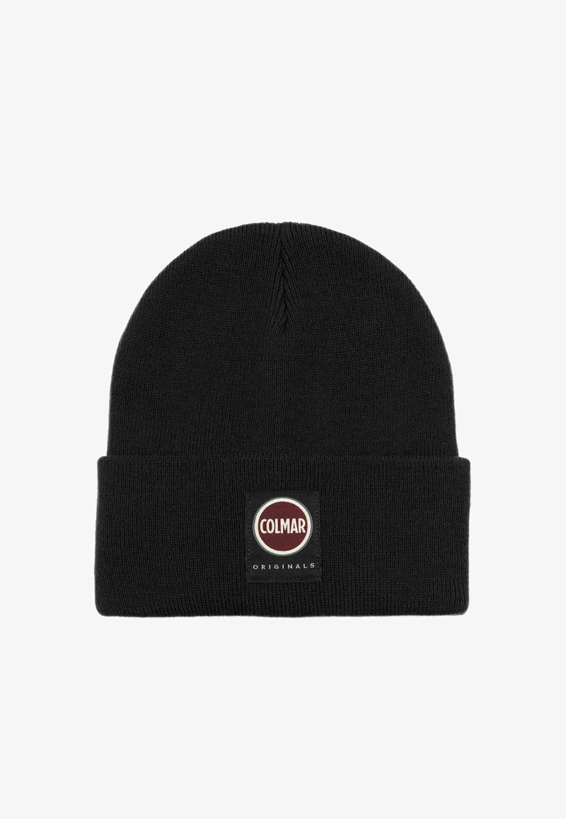 Mustat kudumüts, millel on volditud äär ja ümmargune logo silt, millel on valged tähestikud "COLMAR" ja "ORIGINALS" punasel taustal.