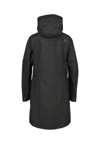 Long manteau noir imperméable avec capuche, poignets avec boutons et un petit logo sur la partie supérieure droite du dos, vu de dos.