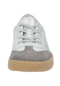 White and gray leather sneaker with silver laces and gum rubber sole, shown from front view against white background.