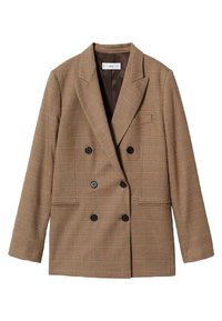 Brązowa kraciasta dwurzędowa marynarka z dużymi czarnymi guzikami, klapami z wycięciami i kieszenią na piersi. Materiał o wyraźnej fakturze z wyrazistym wzorem kratki.