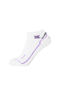 White ankle sock with purple and black accents, featuring a contrasting line design and logo, made from breathable fabric.