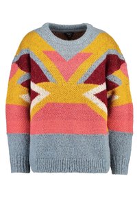 Pull en maille multicolore avec des motifs géométriques en rose, jaune, bordeaux et bleu. Manches longues, encolure ronde, poignets et ourlet côtelés.