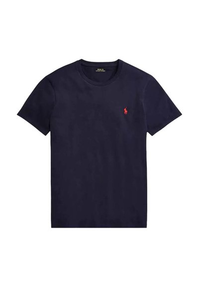 T-shirt in cotone blu navy con collo a giro, maniche corte e un piccolo logo rosso sulla parte sinistra del petto, texture liscia.