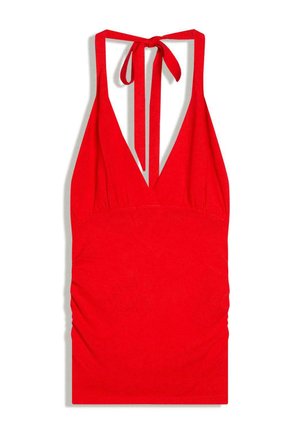 Red halter-neck sleeveless dress with deep V-neckline and tie closure at the back of the neck.