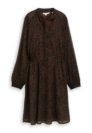 Bruine jurk met lange mouwen, zwarte luipaardprint, een geplooide taille en een keyhole halslijn met een strikdetail.