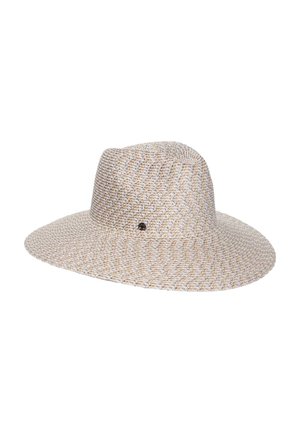Wide-brimmed woven straw hat with a textured pattern and a small round metal logo on the side.