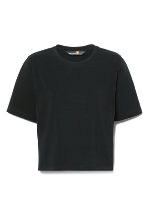 T-shirt in cotone nero con maniche corte, scollatura rotonda, design cropped e dettagli del bordo cuciti, con un'etichetta del marchio all'interno del colletto.