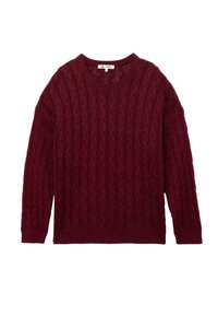 Suéter de punto trenzado burdeos con cuello redondo y mangas largas, que presenta patrones texturizados y un dobladillo acanalado. Tejido acogedor y tejido.
