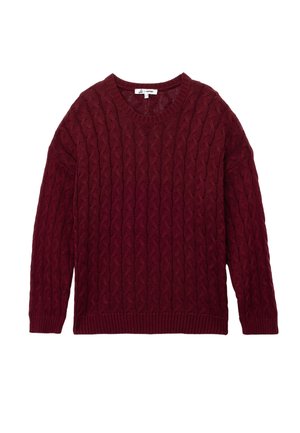 Burgunderfarbener Grobstrickpullover mit Rundhalsausschnitt und langen Ärmeln, der über strukturierte Muster und einen gerippten Saum verfügt. Kuscheliger, gewobener Stoff.