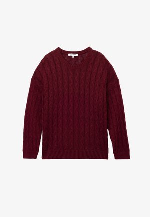 Maglione a trecce bordeaux con scollo rotondo e maniche lunghe, caratterizzato da motivi texture e un orlo a coste. Tessuto accogliente e intrecciato.