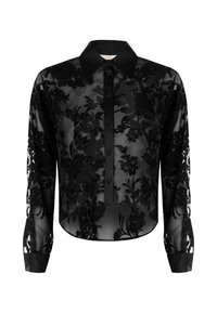 Zwarte doorzichtige blouse met bloemenborduursel, knopenfront, kraag, lange mouwen en een cropped zoom. Glad textuur met gestructureerde manchetten.