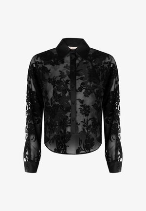 Schwarze transparente Bluse mit Blumenstickerei, Knopffront, Kragen, langen Ärmeln und cropped Saum. Glatte Textur mit strukturierten Manschetten.