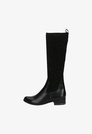 Schwarze kniehohe Stiefel mit einer glatten Lederzehe und -ferse sowie einem weichen Wildlederschaft. Runde Zehe und niedriger, gestapelter Absatz. Hinterer Zugtab für leichtes Anziehen.