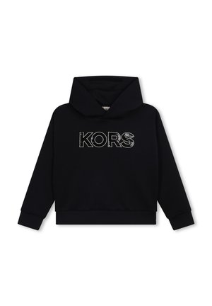 Sweat-shirt à capuche noir avec une coupe courte, arborant le logo métallique "KORS" sur le devant. Fabriqué en tissu doux et texturé avec des manches longues.