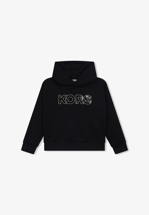 Sweat-shirt à capuche noir avec une coupe courte, arborant le logo métallique "KORS" sur le devant. Fabriqué en tissu doux et texturé avec des manches longues.