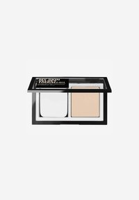 Palette per trucco compatta con custodia nera, dotata di due sezioni: una in polvere bianca e una in polvere beige chiaro. Coperchio trasparente per facilità di visibilità.