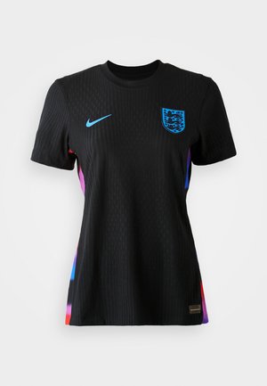 Black short-sleeve jersey with a textured pattern, blue Nike logo, England crest on the left chest, and colorful accents on the sides.