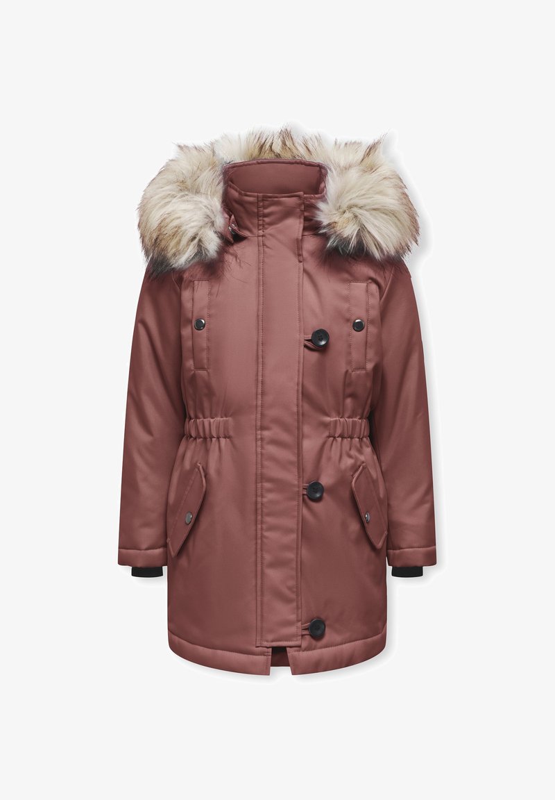 Rózsaszín parka dzseki, steppelt anyag, műszőrme kapucni szegély, elülső cipzáras és dupla gombos záródás, oldalsó zsebek, állítható derék húzózsinór.