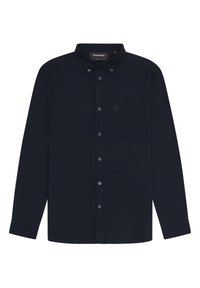 Camisa de manga larga azul marino con cuello abotonado, bolsillo frontal y logotipo bordado en el pecho. Tela suave con un corte clásico.