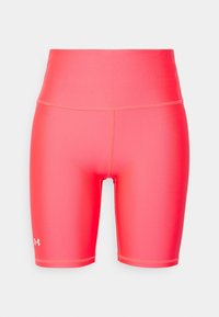 Rosa sportshorts gjorda av ett slätt, stretchbart material. Har en hög midja och dekorativ sömnad längs kanterna.