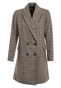Manteau en laine mélangée à carreaux marron et noir avec un design croisé, grands revers, deux poches avant et boutons noirs.